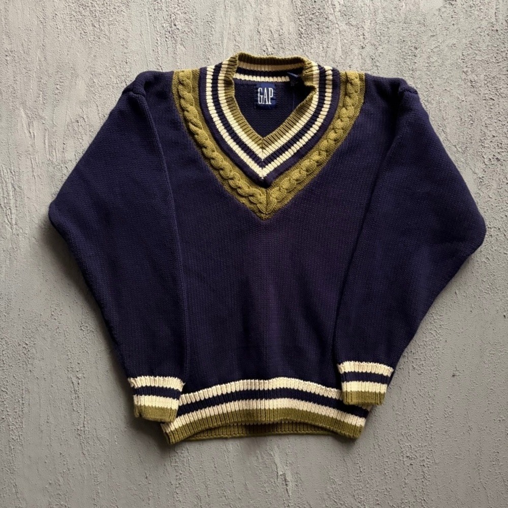 Vintage GAP Sweater Medium Blue 1990s Cable Knit V-Neck Pullover